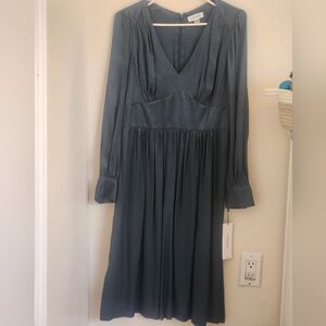 Calvin Klein Hunter Green Blouson Dress Mid Calf Length Leopard Silky Feel Size